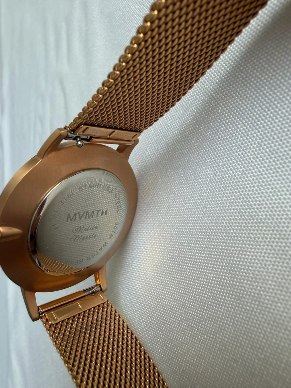 MVMT Rose Gold Mesh Band Watch with White Marble Dial